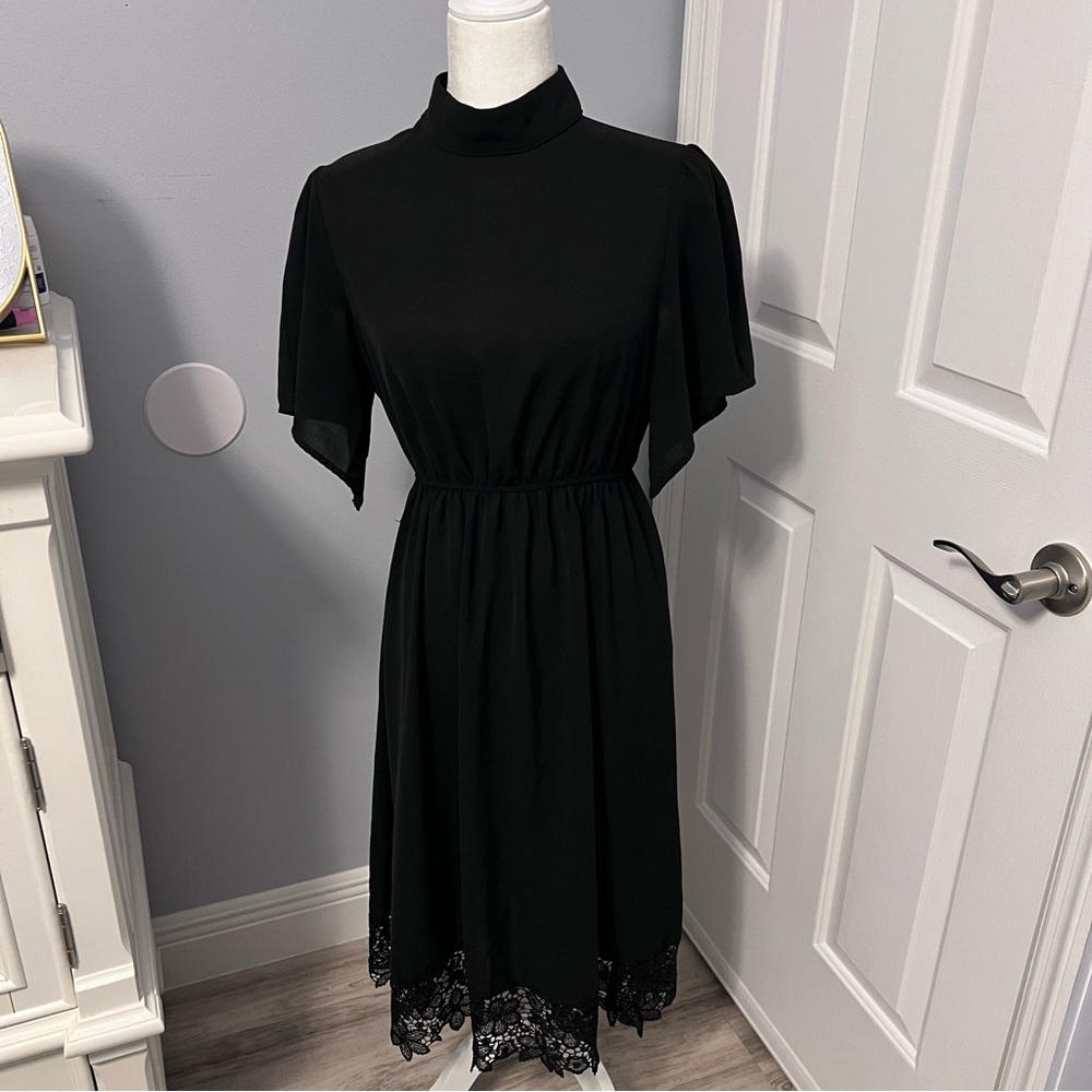 SHEIN Black Midi Dress with Lace Hem